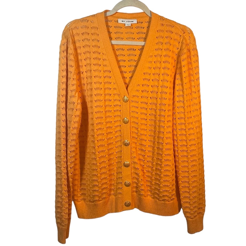 ST John’s Open Knit Tangerine Sweater and Skirt Suit/Set Size 10